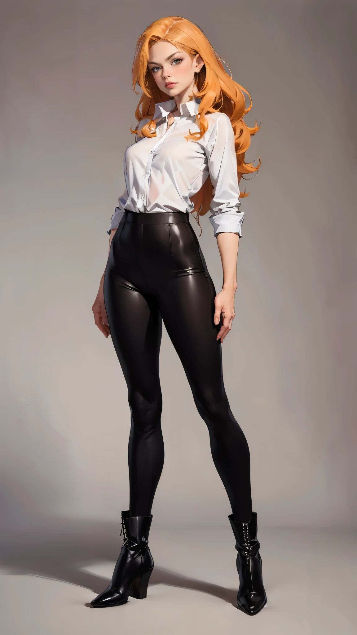 ((masterpiece,best quality,8k,highres)),((character concept art)), 1 female, young adult female , 2, (tied up ginger hair), ginger hair, (fair skin colour), ultra finely detailed eyes (brown eyes colour), determined, strong will, charming,  seductive, focus, smart, elegant, calm, friendly, perfect body build ((slim, athletic)), ((intricate detail)), super finely detailed hands, ultra finely detailed fingers(((ten fingers))), wearing luxury equestrian jacket pant and boots with slim fit polo shirt, (standing still), ((full body showcase)), ((show full body)), (no logos on background), (no logo), ((plain background)), ((plain background)), (((empty background)))