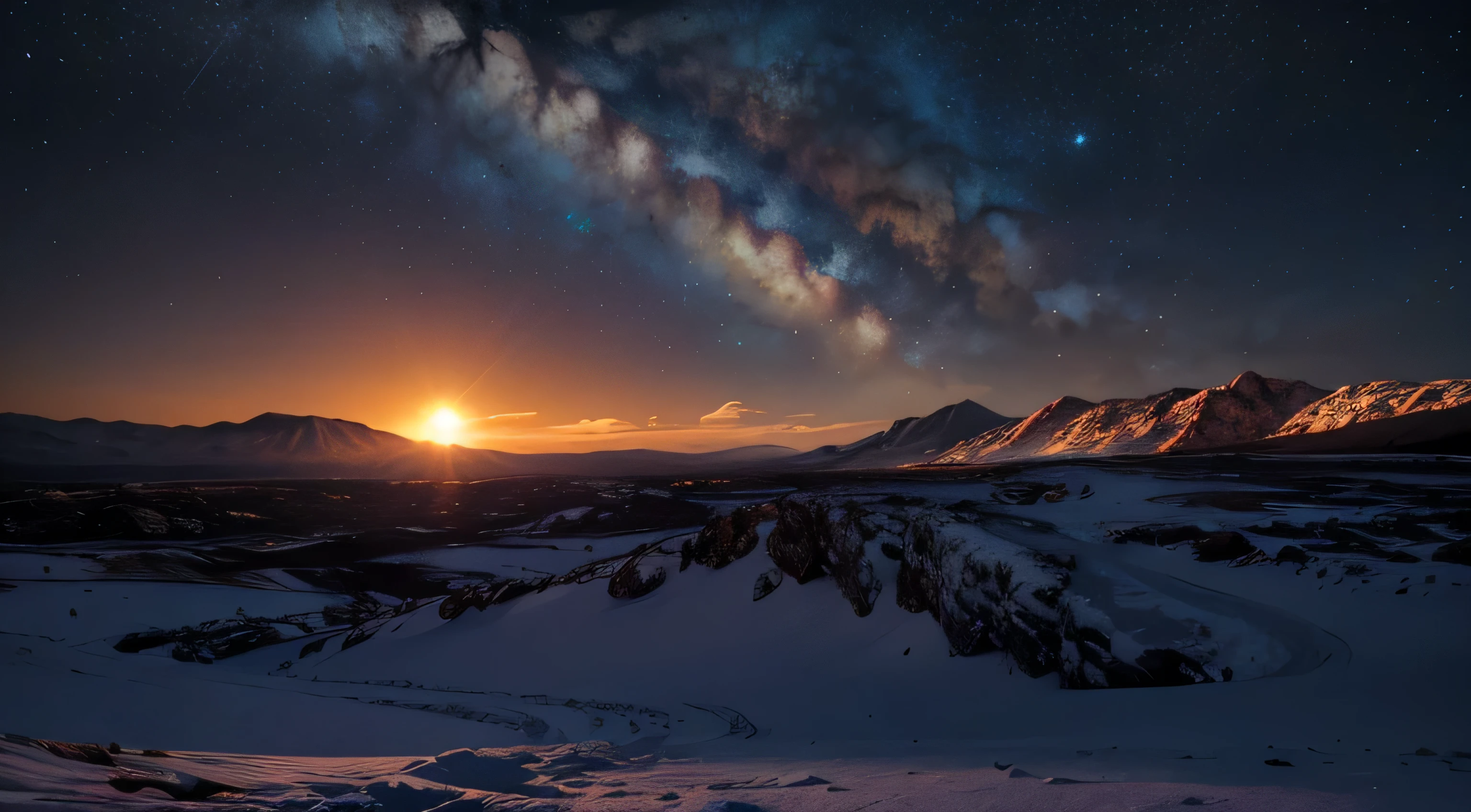 Eine Landschaft im Schein einer fremden Sonne, mit Lavabergen und felsigem Gelände. der Himmel ist klar, zeigt entfernte Galaxien im Hintergrund.. Im scharfen Kontrast zu seinem kalten Äußeren, es glüht warm im Inneren, wirft lange Schatten auf die Umgebung. in the style of Gabriele Dell'otto --ar 8:5 .4k