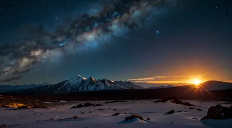 An landscape under the glow of an alien sun, with lava mountains and rocky terrain. The sky is clear, showing distant galaxies i...