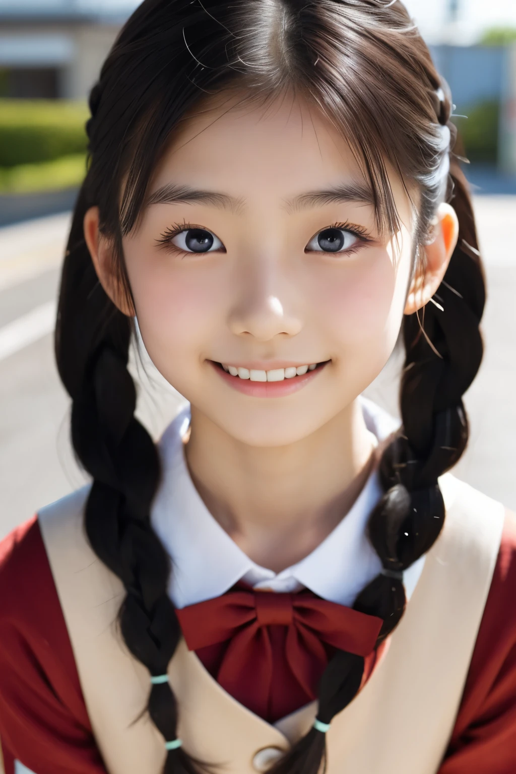 Красивая 18-летняя японка), милое лицо, (глубоко вырезанное лицо:0.7), (веснушки:0.6), Мягкий свет,Здоровая белая кожа, застенчивый, (серьезное лицо), (сверкающие глаза), тонкий, улыбка, униформа, коса