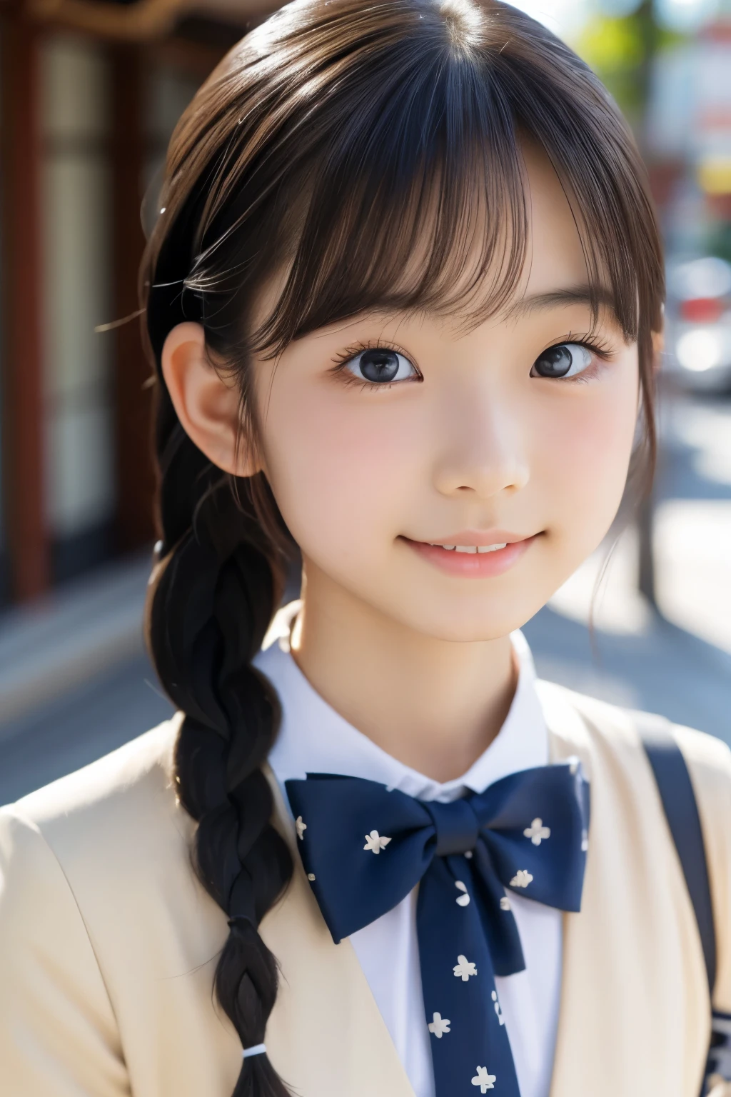 Beautiful 18 year old Japanese female), cute face, (deeply carved face:0.7), (freckles:0.6), soft light,healthy white skin, shy, (serious face), (sparkling eyes), thin, smile, uniform, Braid