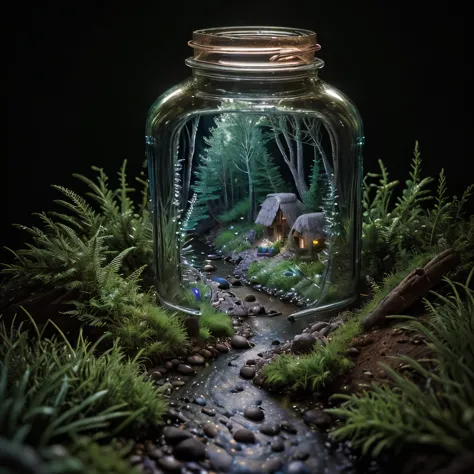 (An intricate (miniature river descending from a miniature mountain) trapped in a jar), atmospheric oliva lighting, on the table...