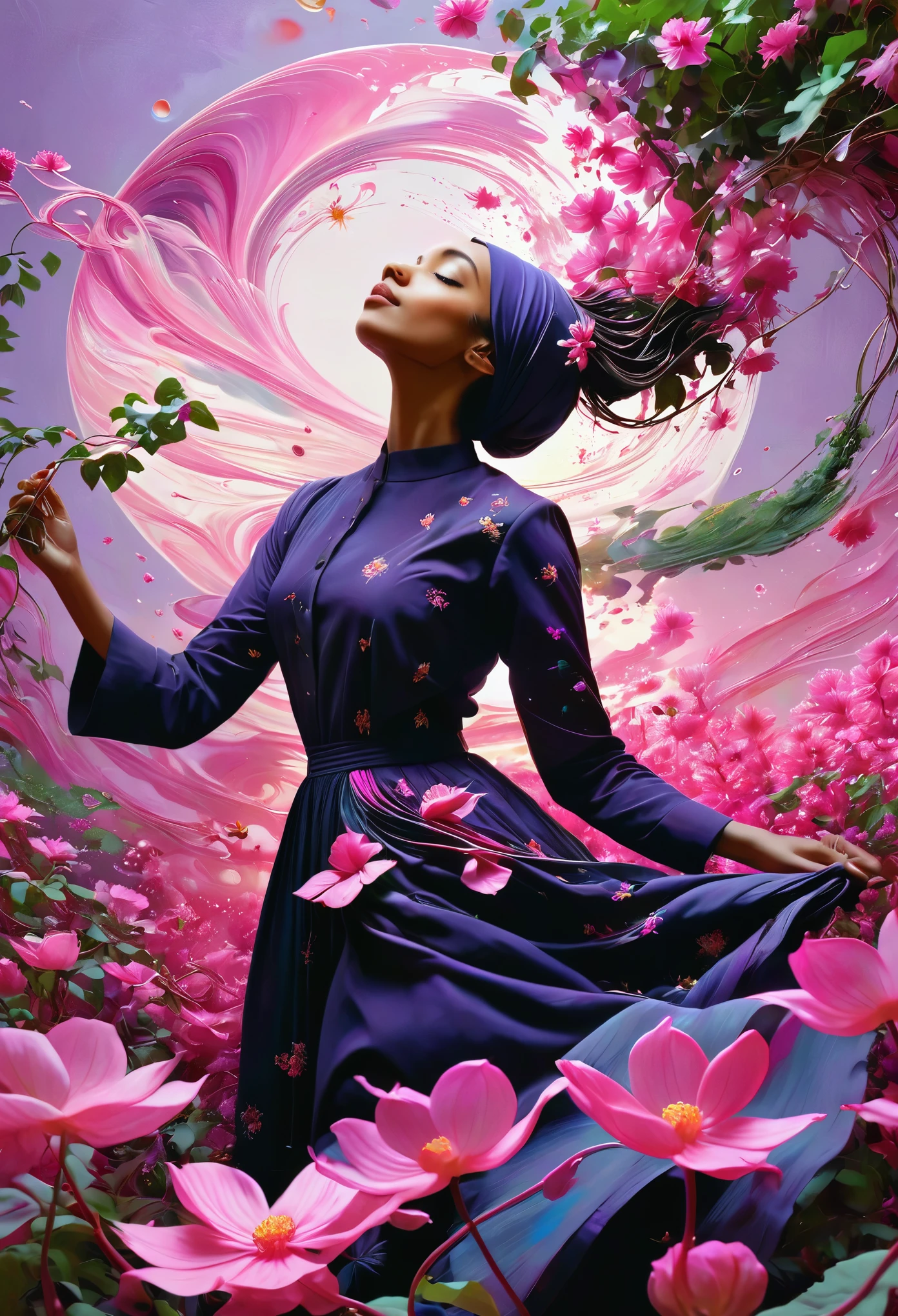 beautiful hijab A captivating digital painting, inspired by the signature style of Norman Rockwell, featuring a serene young woman standing amidst a swirling dance of pink and purple flowers leaves and vines. She is surrounded by a plant-based being, with roots and flowers intertwining, creating a sense of depth and movement. The woman exudes a sense of determination and calm, as if she is perfectly in tune with the natural rhythm of the universe. The overall ambiance of the 