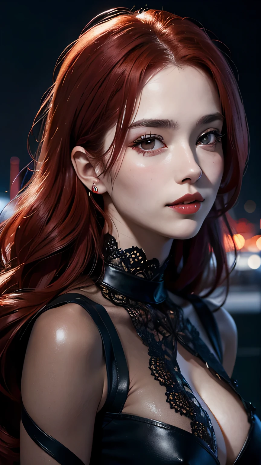 (portrait shot, ((vivid red hair)), mature woman, 30 years old, diamond face, moonlight, red starry sky background, depth of field, magic, big red lips, ((dark black eyes)) black and red long and full dress, covered chest, mystical atmosphere, ominous shadows, Intense blue aura, Intense red aura (best quality:1.2), absurdres, intricate details, (highly detailed skin:1.2), smile expression, posing, taut and well defined body, attractive. Highly realistic, pale skin, beautiful, hyperrealism, skin very elaborated, direct gaze
