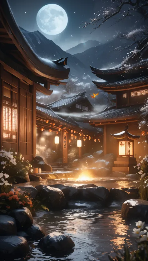 Chinese scenery, ((hot spring)), (blizzard), (firefly), (paper kite), (midnight), (moon), A shrine at the top of the mountain, ((flower)), Beautiful scenery, Realistic lighting, masterpiece, high quality, nice graphics, high detail,
