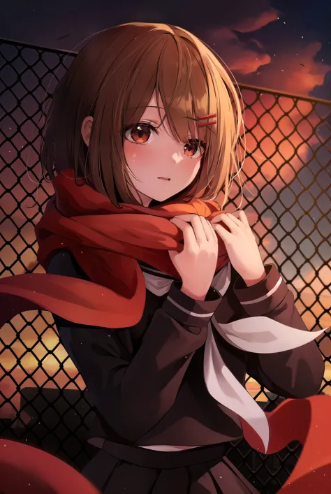 anime girl with a scarf on her neck standing in front of a fence, anime style 4k, anime image of a cute girl, female main charac...