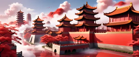 the view of the city。Chinese style buildings，Chinese-style complex，There is a tower，There are palaces，red wall；Decorated with cl...