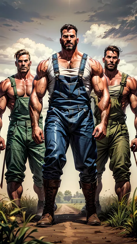 Three muscular men walking, in farmer's overalls 