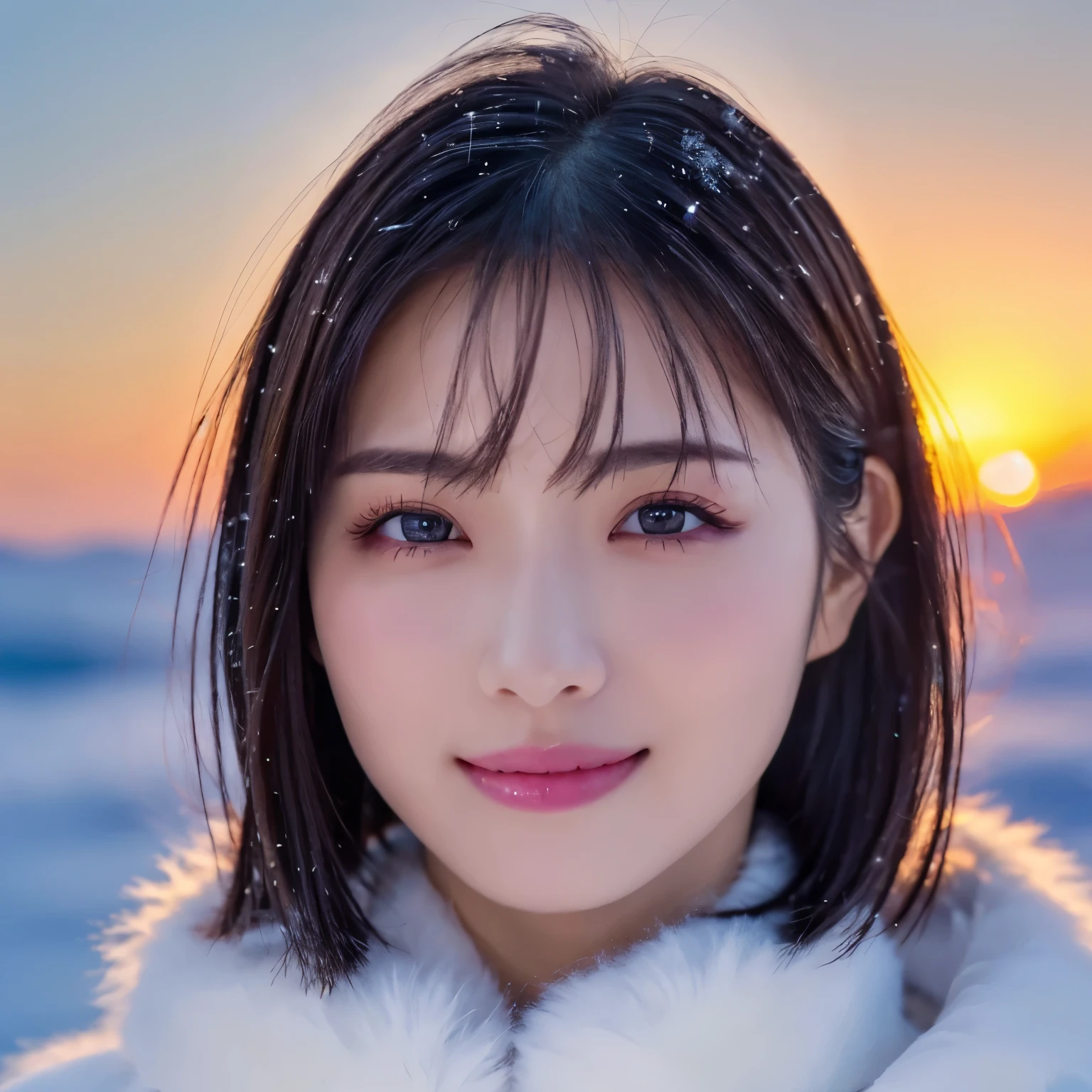 (highest quality、table top、8K、best image quality、Award-winning work)、1 girl、close up of face、smile looking at me、thick coat、Fur hood、perfect and most natural muffler、(frozen snow field in winter:1.1)、Icy ground、(romantic sunset:1.2)、(fantastic starry sky:1.2)、(Starry sky and sunset:1.1)、(It&#39;s snowing:1.1)、(Tyndall effect:1.1)、sunset、epic movie lighting、short hair、(accurate anatomy:1.1)、Ultra high definition beauty face、long eyelashes、natural makeup、ultra high definition hair、ultra high resolution eyes、(Beautiful skin that shines in ultra-high resolution:1.1)、Super high resolution glossy lips