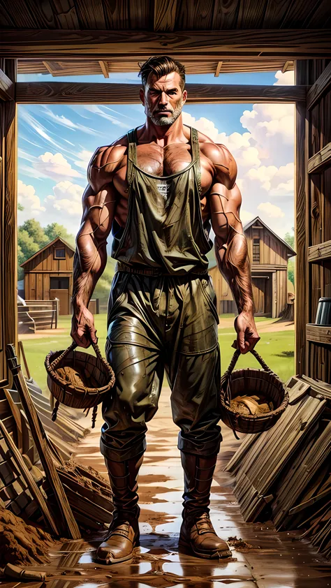 muscular men inside the barn, holding a bucket of mud and the floor with mud