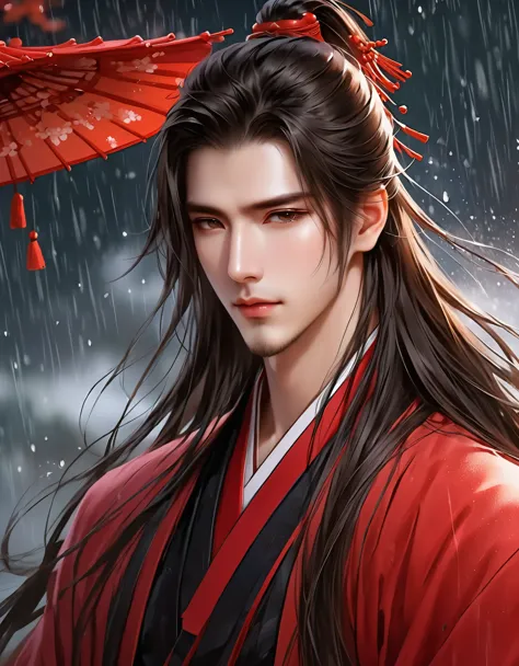 a stunning avatar of an anime male with long hair, sad，rain，black hanfu, chinese style background, exquisite facial features,loo...