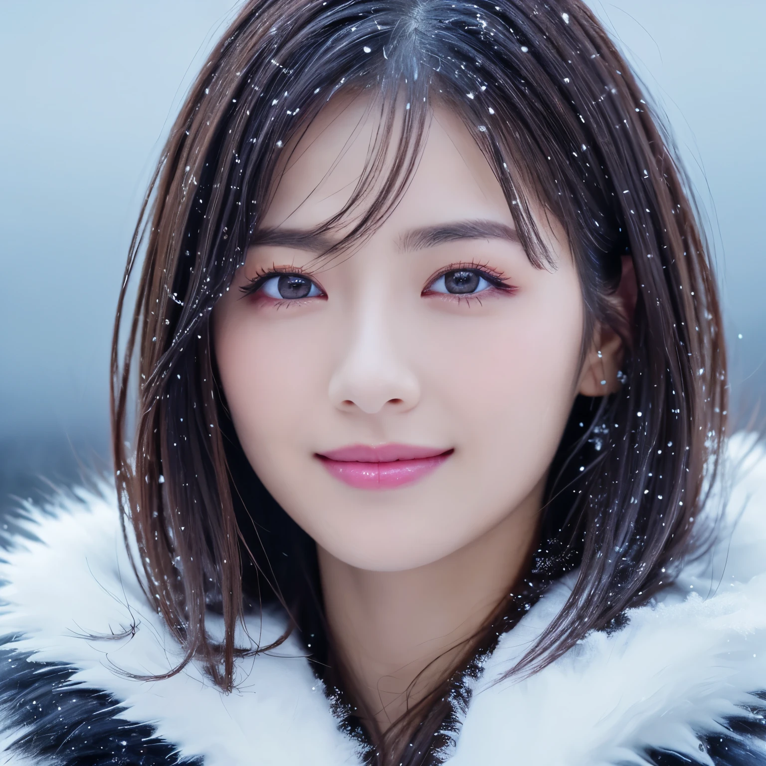 (highest quality、table top、8K、best image quality、Award-winning work)、1 girl、close up of face、smile looking at me、thick coat、Fur hood、(frozen snow field in winter:1.1)、Icy ground、(fantastic starry sky:1.2)、(It&#39;s snowing:1.1)、(Tyndall effect:1.1)、epic movie lighting、(accurate anatomy:1.1)、short hair、Ultra high definition beauty face、long eyelashes、natural makeup、ultra high definition hair、ultra high resolution eyes、(Beautiful skin that shines in ultra-high resolution:1.1)、Super high resolution glossy lips