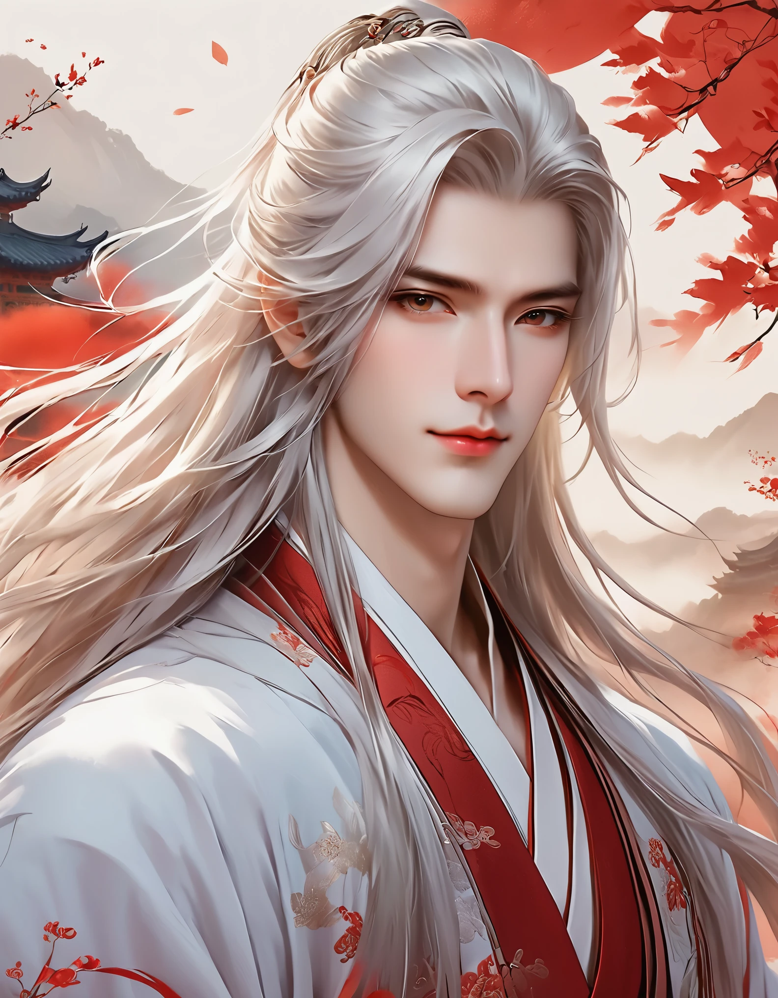 A stunning avatar of an anime male with long hair, Hanfu, Chinese style background, Exquisite facial features, Handsome and majestic, white hair，Brilliant colors, red theme, High resolution, Perfect details.