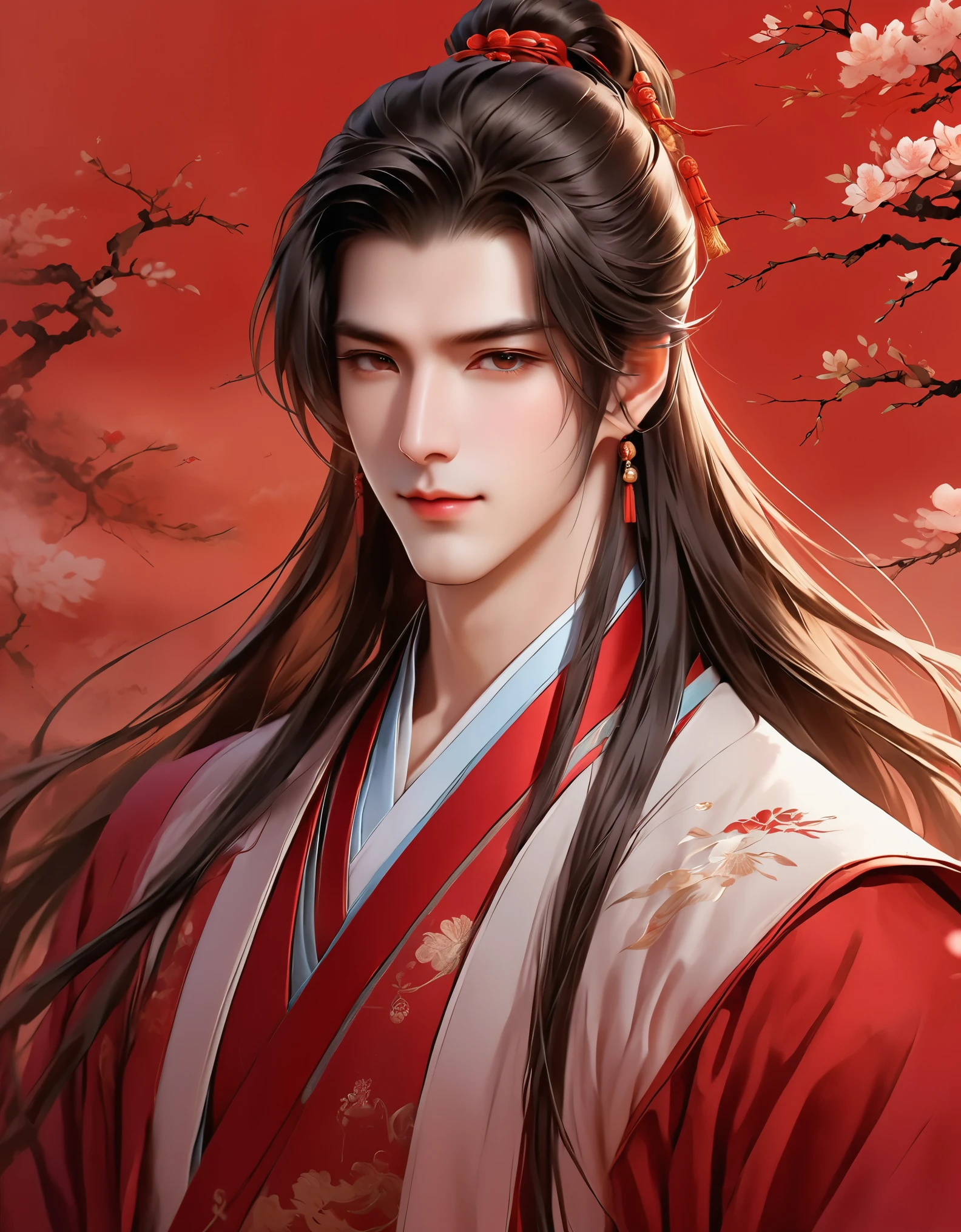 A stunning avatar of an anime male with long hair, Hanfu, Chinese style background, Exquisite facial features, Handsome and majestic, Brilliant colors, red theme, High resolution, Perfect details.