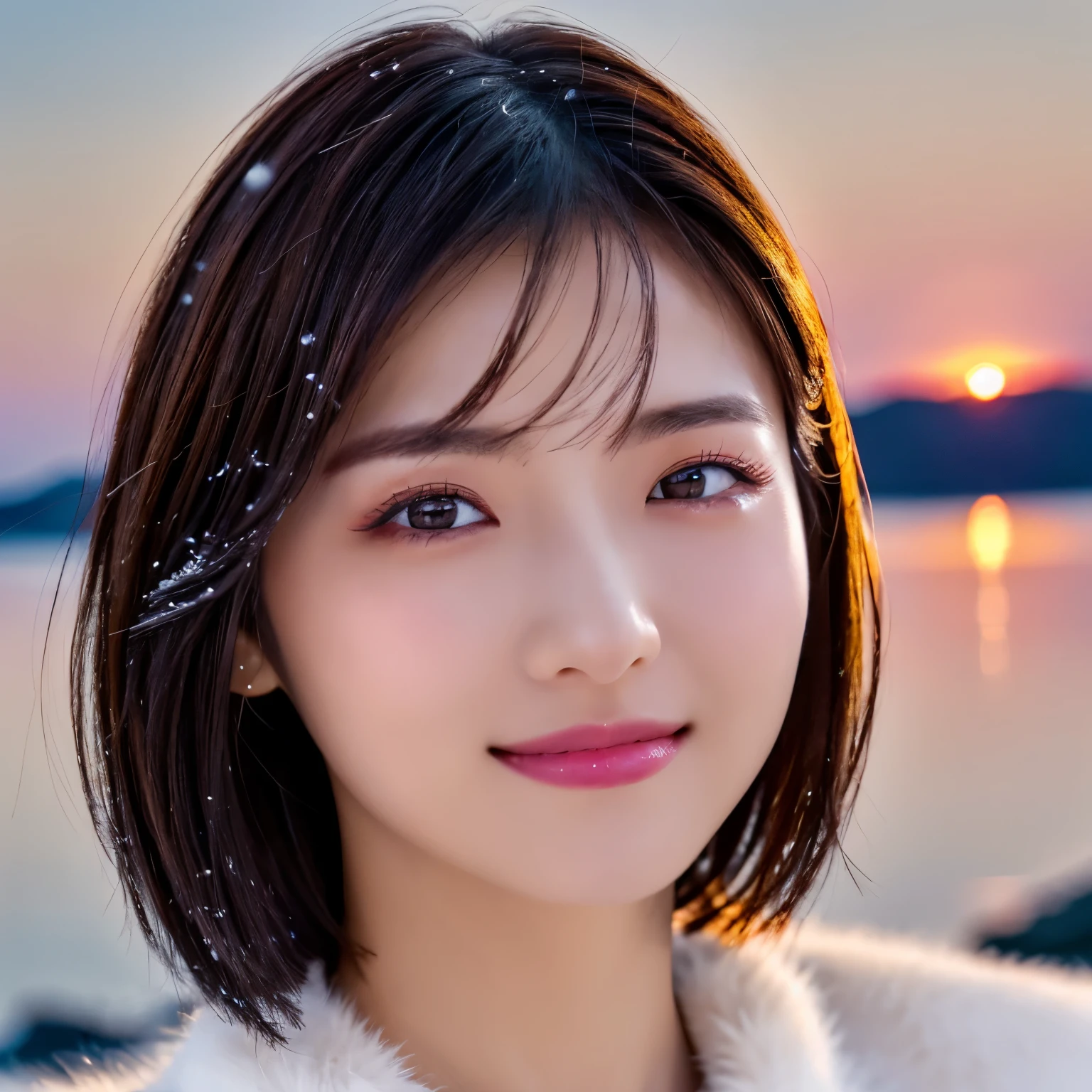 (highest quality、table top、8K、best image quality、Award-winning work)、1 girl、close up of face、smile looking at me、thick coat、Fur hood、perfect and most natural muffler、(frozen lake in winter:1.1)、Icy ground、(romantic sunset:1.2)、(fantastic starry sky:1.1)、(星空とsunset:1.1)、(It&#39;s snowing:1.1)、(Tyndall effect:1.1)、sunset、epic movie lighting、short hair、(accurate anatomy:1.1)、Ultra high definition beauty face、long eyelashes、natural makeup、ultra high definition hair、ultra high resolution eyes、(Beautiful skin that shines in ultra-high resolution:1.1)、Super high resolution glossy lips