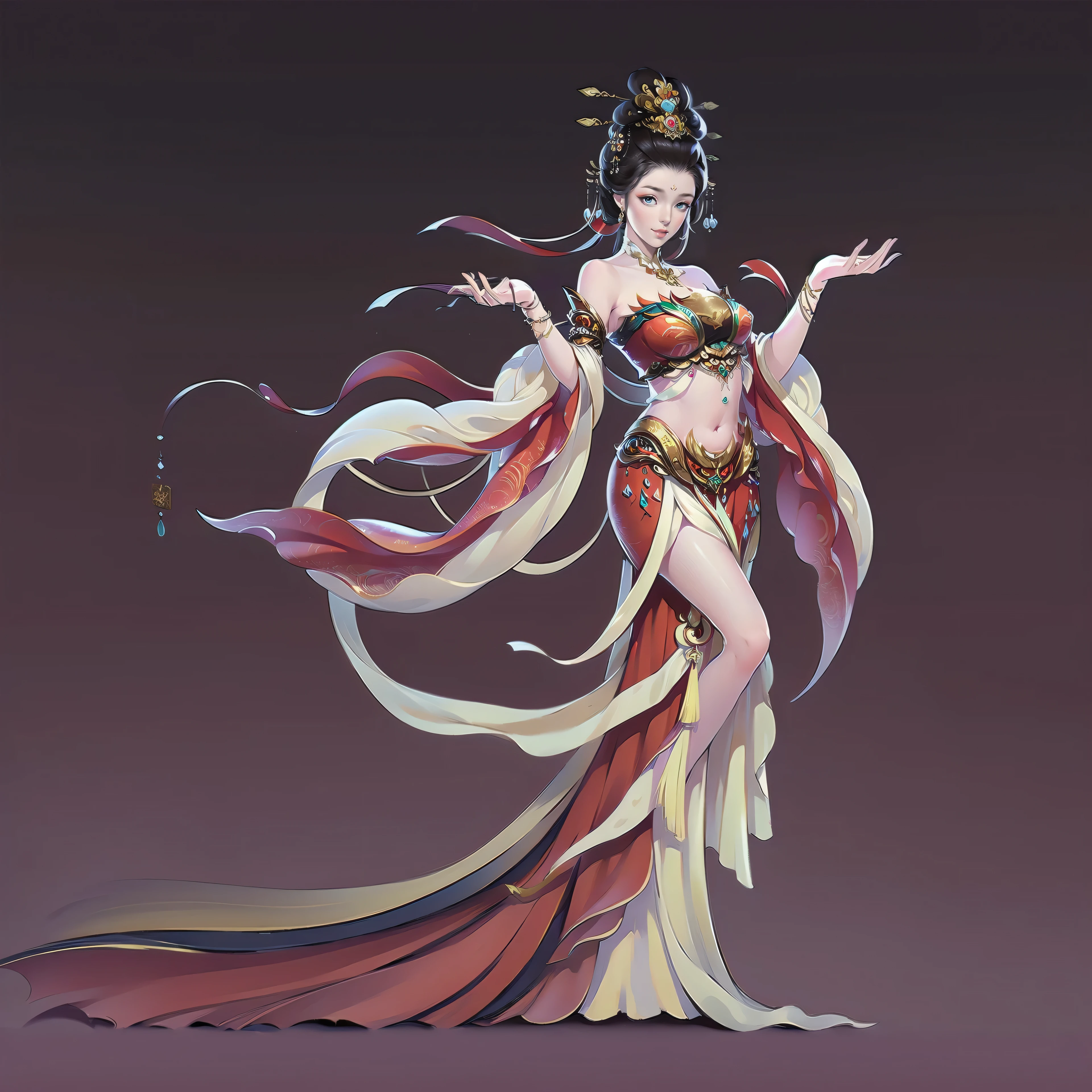 （masterpiece，super detailed，HD details，highly detailed art）1 girl，whole body，barefoot，Feitian，bare shoulders，Show belly，jewelry，xianxia，Gorgeous dance costumes，elegant，elegant，Highly detailed character designs from East Asia，Game character costume design，simple，ultra high resolution, sharp focus, epic work, masterpiece, (Very detailed CG unified 8k wallpaper)，pretty face，beautiful eyes，HD details
