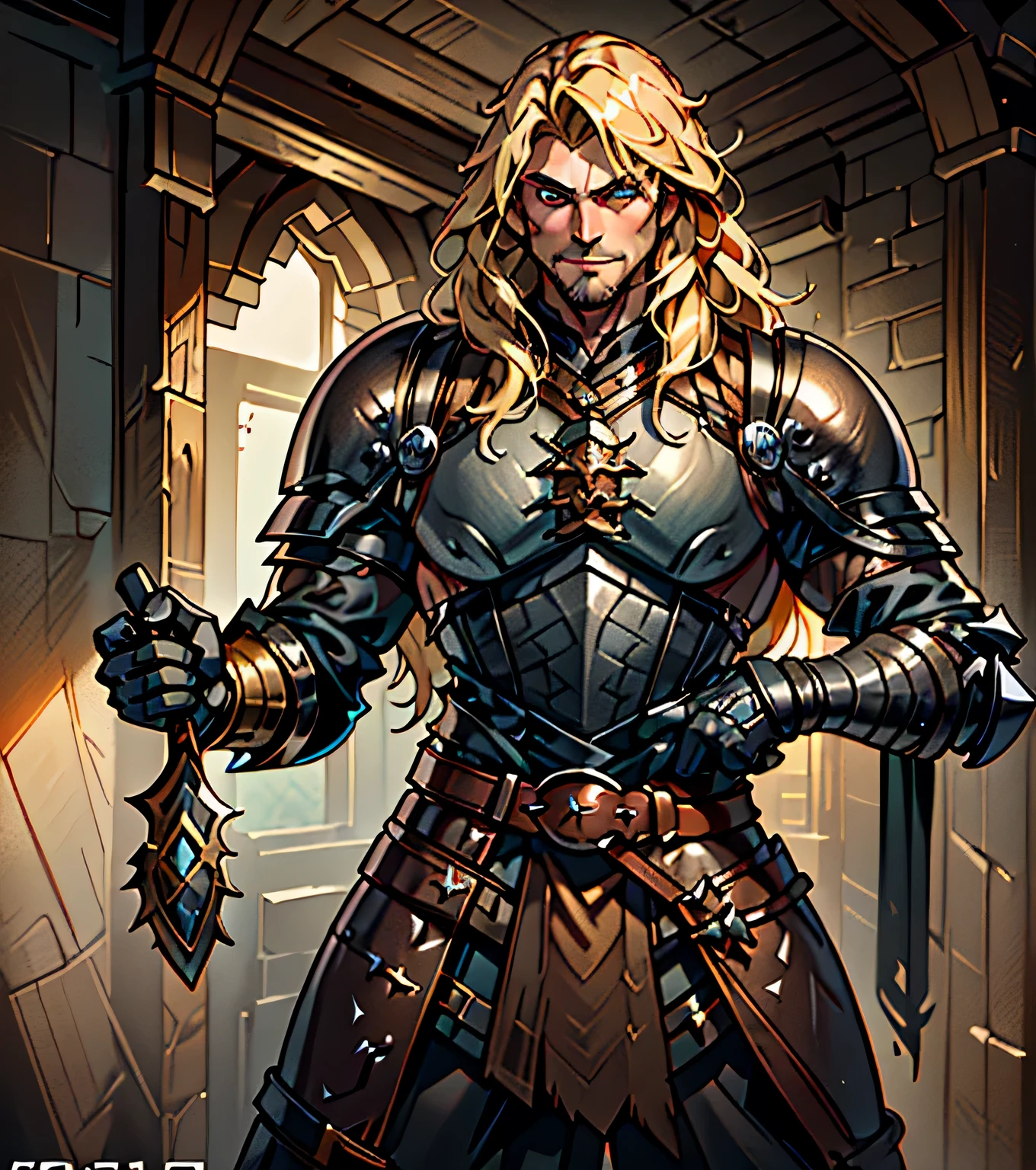 Design a handsome and rowdy male adventurer for Dungeons & Dragons. Dark complexion. Looks like a very attractive male adventurer for a high fantasy setting. Looks like a sexy and mischievous male adventurer for Dungeons & Dragons. Looks like a very sexy hot guy for a medieval fantasy setting. (((Dresses in rugged medieval fantasy attire.))) Looks like a Dungeons & Dragons adventurer, (((very cool and sexy long blond hair style))), (((leather armor))), (((black clothing))), handsome, (((smug and arrogant))), adventurer, pretty eyes, (((sexy eyes))), athletic build, (((excellent physique))), sexy, confident, (((gorgeous face))), gorgeous body, sexy eyes, detailed and intricate, fantasy setting, dungeons & dragons character portrait, fantasy adventurer, fantasy NPC, (((attractive male in his mid 20's))), intricate details, ultra detailed, extremely, ultra detailed clothes, epic masterpiece, ultra detailed, intricate details, hyperdetailed hands trending on Artstation, digital art, unreal engine, 8k, ultra HD, centered image