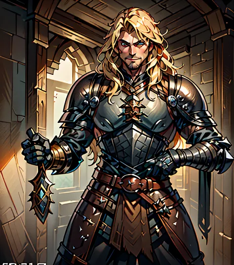Design a handsome and rowdy male adventurer for Dungeons & Dragons. Dark complexion. Looks like a very attractive male adventure...