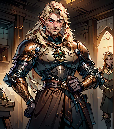 Design a handsome and rowdy male adventurer for Dungeons & Dragons. Dark complexion. Looks like a very attractive male adventure...