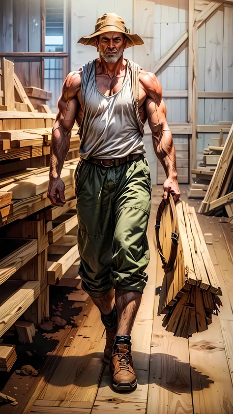 muscular man inside the barn full of wood carrying wood, comic
