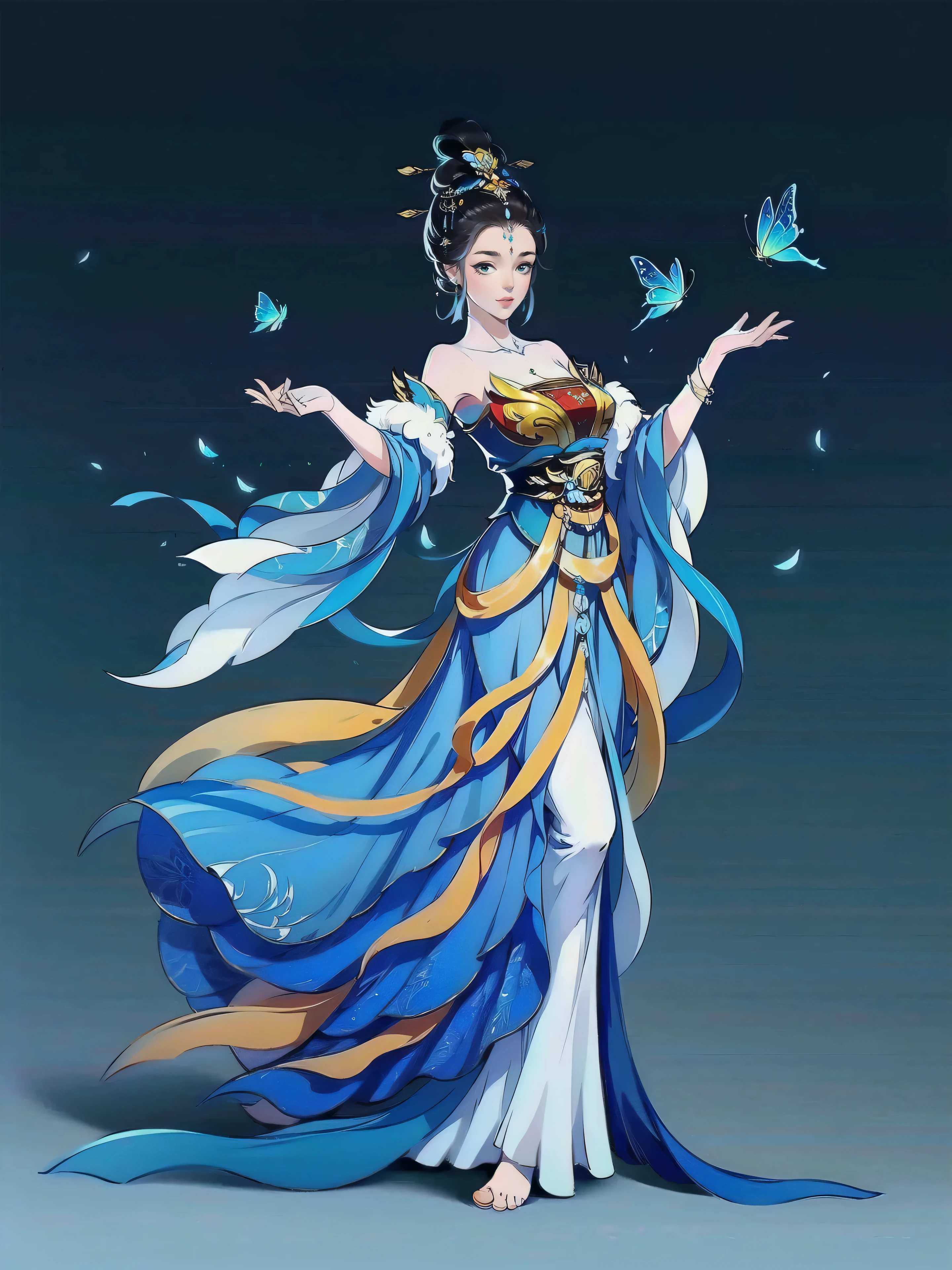 （masterpiece，super detailed，HD details，highly detailed art）1 girl，whole body，barefoot，Feitian，bare shoulders，jewelry，xianxia，Gorgeous dance costumes，Butterfly，elegant，elegant，Highly detailed character designs from East Asia，Game character costume design，simple，ultra high resolution, sharp focus, epic work, masterpiece, (Very detailed CG unified 8k wallpaper)，pretty face，beautiful eyes，HD details