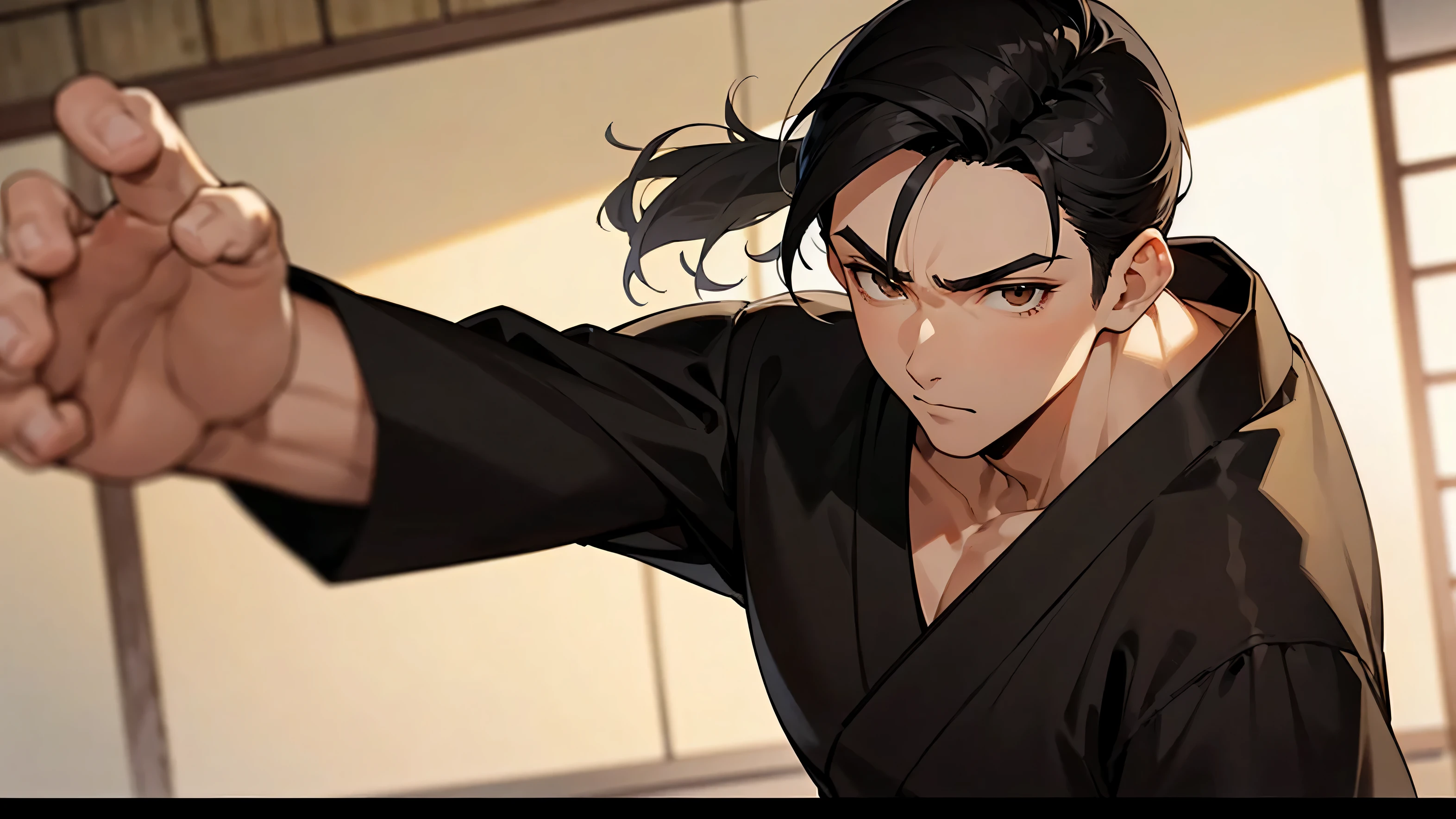 1 men, short Silver ponytail hair style, short hair, Black hair, Brown eyes, Dojo clothes , 8k, masterpiece, looking at viewer, ultrasharp, men, Japanese, separate bang, No bang, Temple, cool, guy,5fingers, DOJO pose, Mens Body, Boyface, fist punch, White Dojo Cloth, Black Belt,
