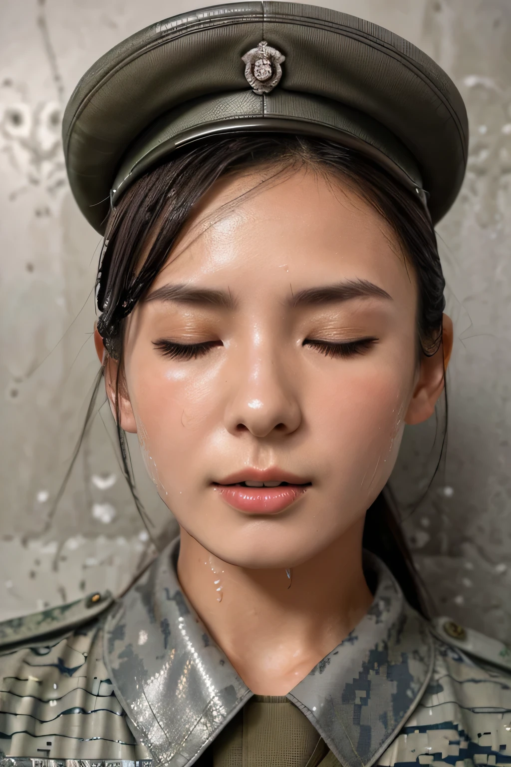 High resolution, High level image quality, high detail, masterpiece, rough skin, anatomically correct, sharp, gray background((japanese mature, 20-year-old)),(woman with open mouth and closed eyes ) alone, (Top quality realistic textured skin:1.4), fine eyes, detailed face, high quality eyes,、(wearing manner military uniform and military hat), captain, background simple grey wall,,(((wet filter)))((Oily and glowing facial skin))