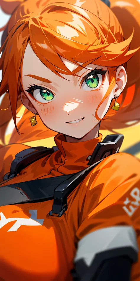 1 girl、one person、Orange clothes that clearly show your body shape、orange hair、ponytail、beautiful green eyes、intense joy on the ...