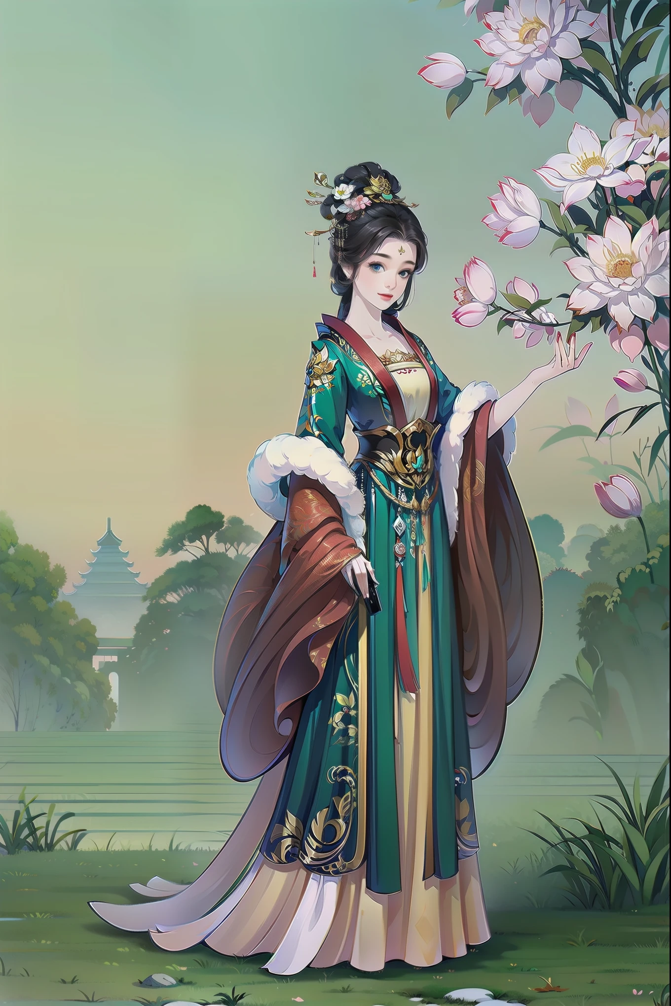 （masterpiece，super detailed，HD details，highly detailed art）A girl standing in a garden，Stone road，flowers and grass，alone，Smile，spring，peach blossom，palace，hanfu，Highly detailed character designs from East Asia，Game character costume design，ultra high resolution, sharp focus, epic work, masterpiece, (Very detailed CG unified 8k wallpaper)，pretty face，beautiful eyes，HD details