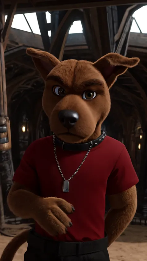 Scooby Doo alone in a random place a bunch of retards there in the background looking at the viewer angry and irritated wearing a black jacket a red t-shirt and long pants Green this disgrace was made with the help of Unreal Engine 5 a super big dog detail...