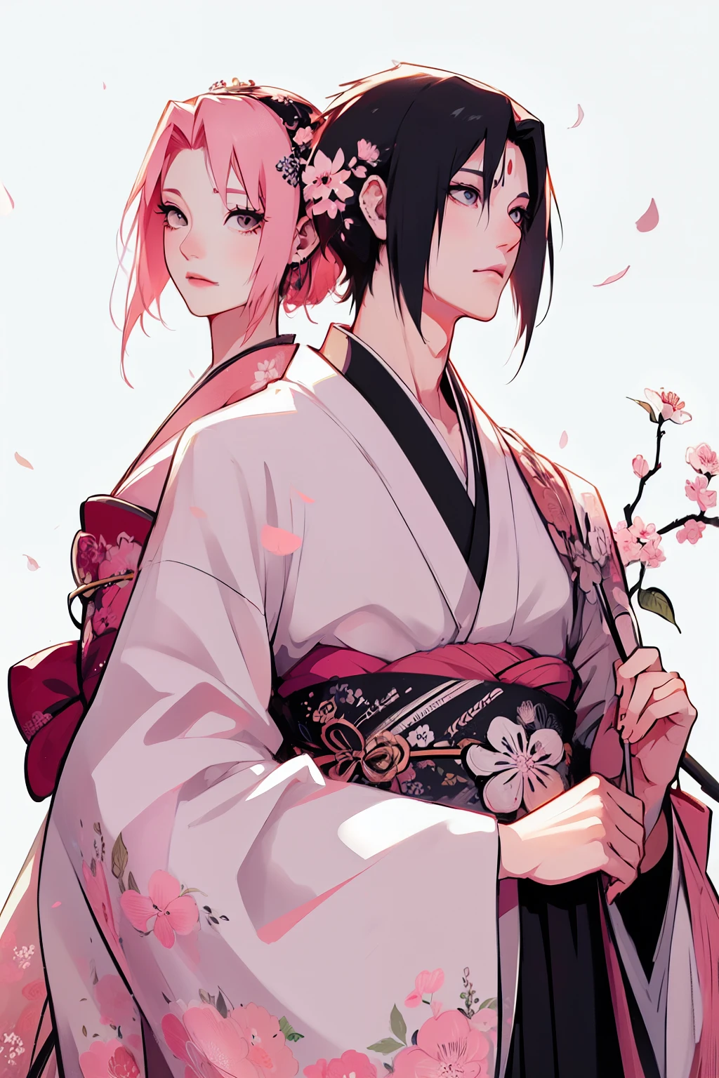 Sasusaku. Sasuke, the tall, handsome man with chiseled features, piercing black eyes, and black hair. He's wearing a kimono, he's a prince. The woman is sakura, equally stunning with soft features and delicate features, her hair is short and pink that falls elegantly around her face, adding to her romantic and dreamy appearance. She is wearing a kimono. The couple is in a ceremony at a temple. hands down.