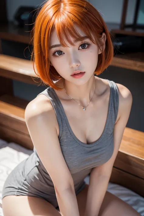 1 girl, Korean young woman, solo, looking at viewer, slightly open lips, beautiful face, (short bob hairstyle), (bright orange h...