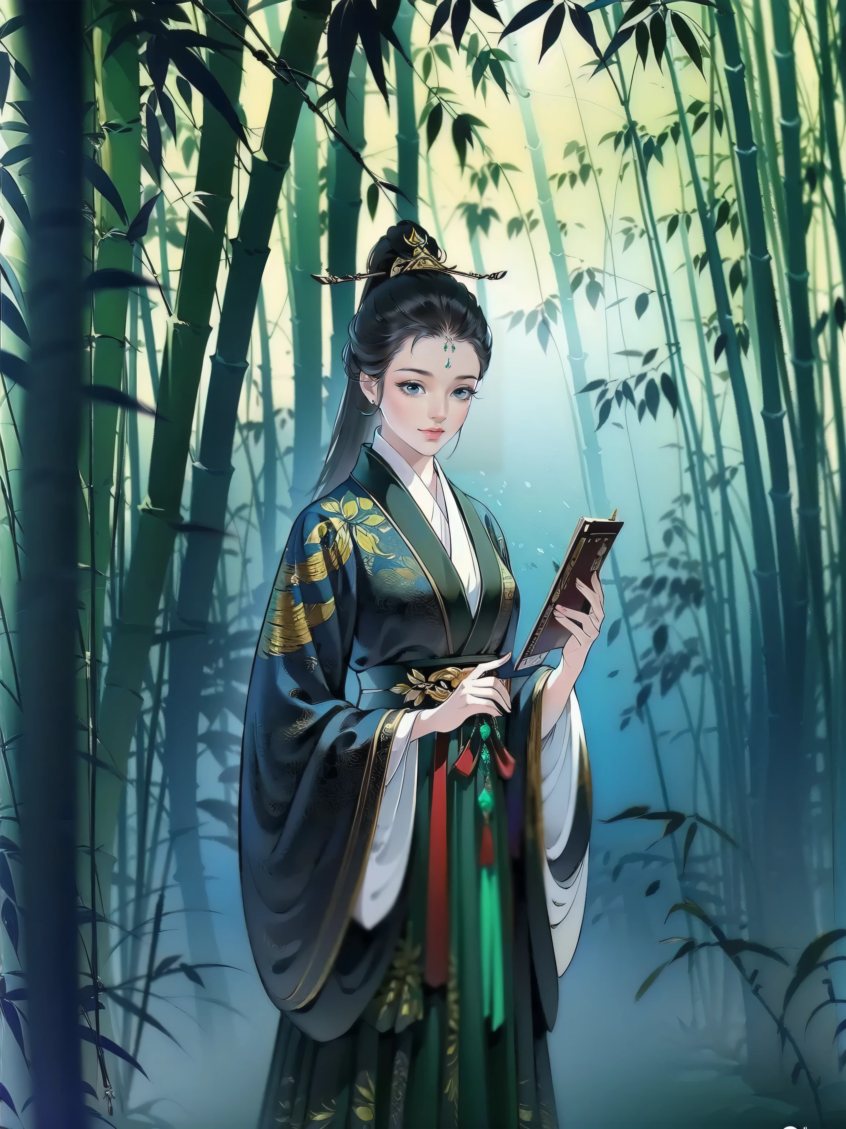 （masterpiece，super detailed，HD details，highly detailed art）1 girl standing in the bamboo forest，Black clothing，Stone road，bamboo，alone，high ponytail，Smile，Highly detailed character designs from East Asia，Game character costume design，ultra high resolution, sharp focus, epic work, masterpiece, (Very detailed CG unified 8k wallpaper)，pretty face，beautiful eyes，HD details
