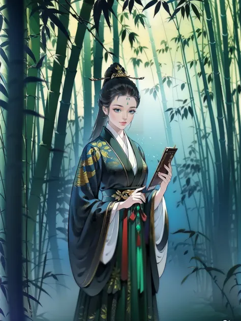 （masterpiece，super detailed，HD details，highly detailed art）1 girl standing in the bamboo forest，Black clothing，Stone road，bamboo...