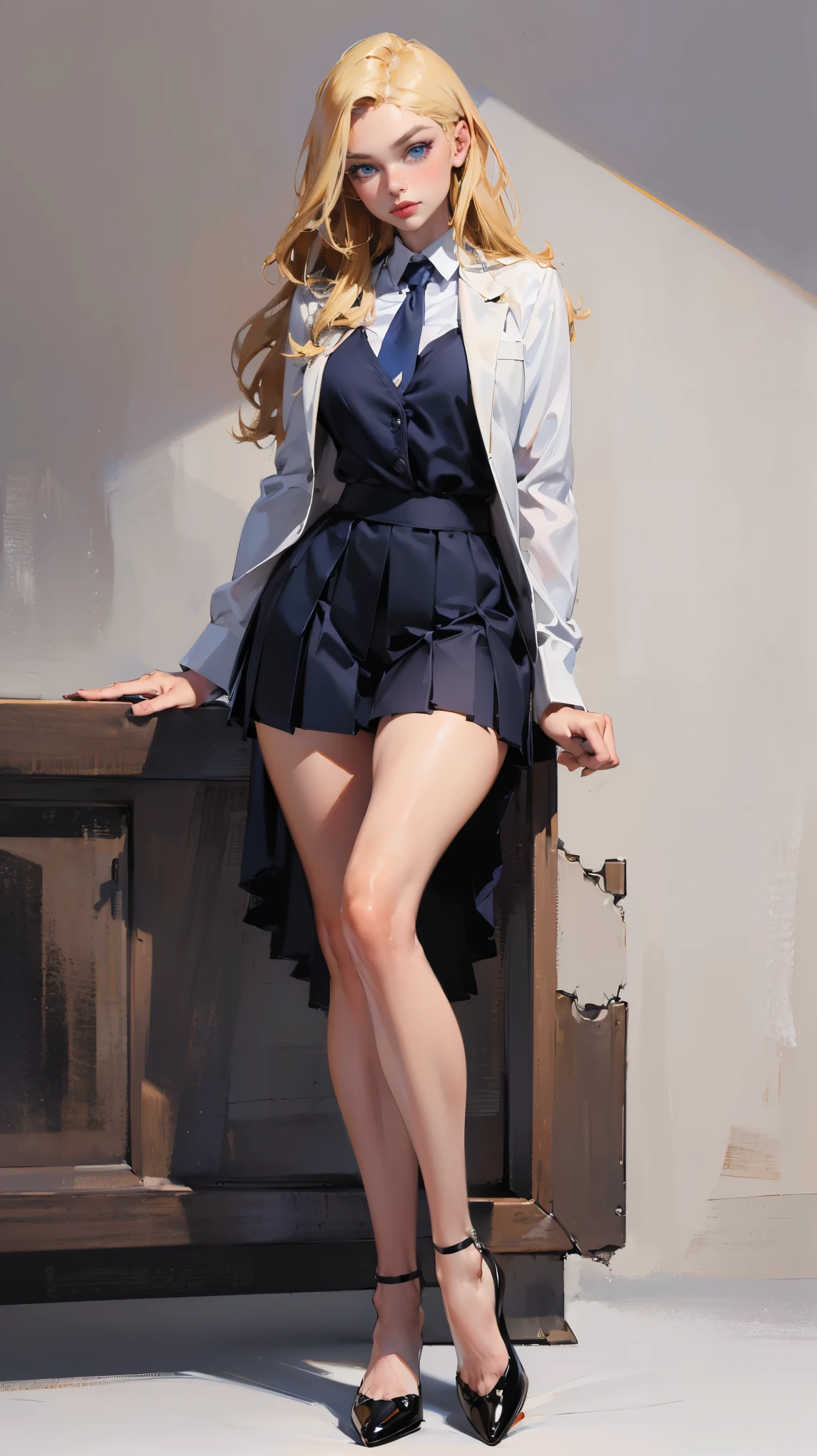 ((masterpiece,best quality,8k,highres)),((character concept art)), 1 female, young female, Instagram model, fashion model, 1, (long curvy blond hair), Blonde hair, (fair skin colour), ultra finely detailed eyes (blue eyes colour), sexy, elegance, charming, smart, calm, perfect body build ((slim)), ((intricate detail)), super finely detailed hands, ultra finely detailed fingers(((ten fingers))), wearing school blazer white shirt and gray pleated short school skirt (standing still), (full body showcase), (show full body), (no logos on background), (no logo), ((plain background)), ((plain background)), (((empty background)))