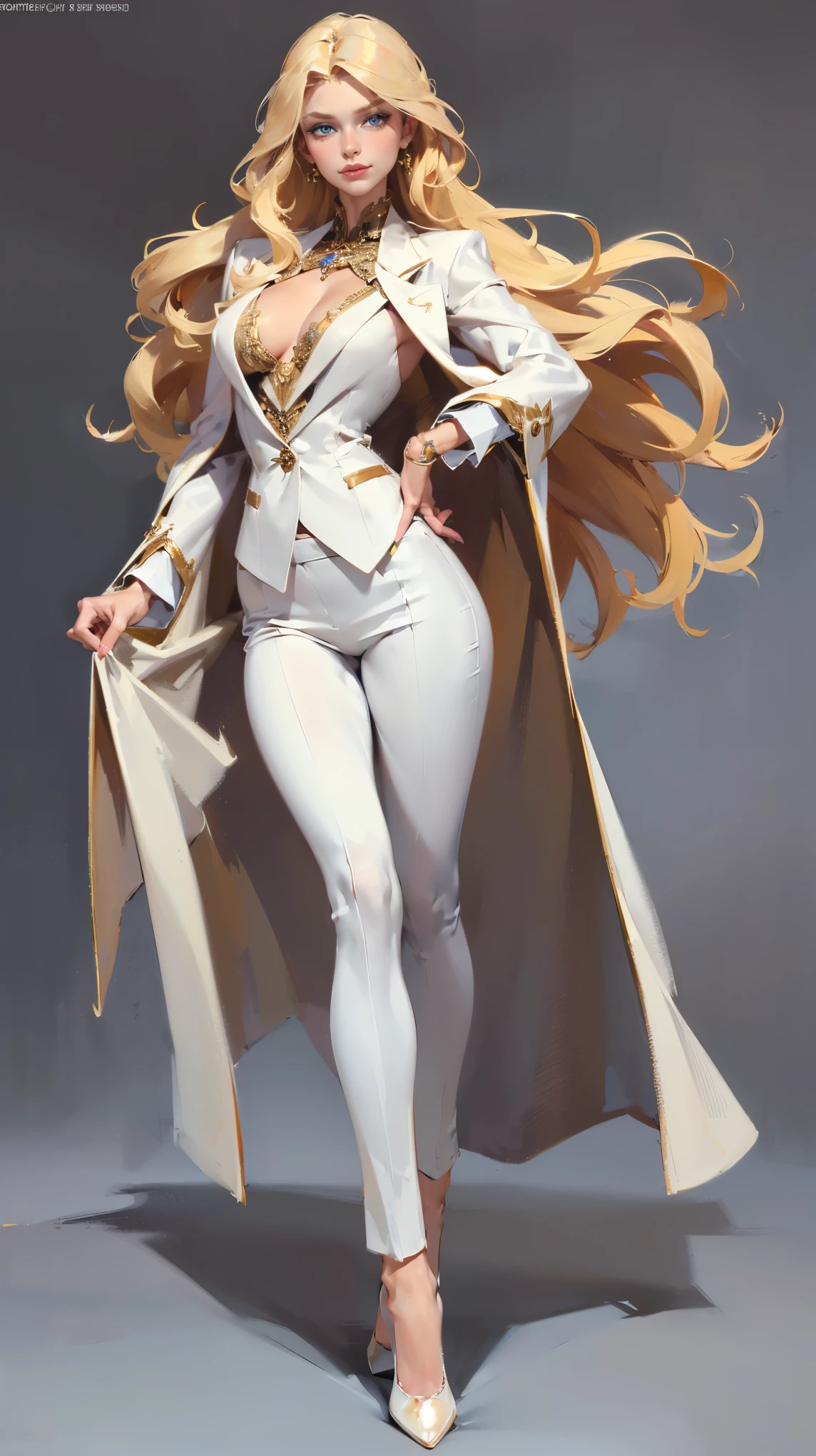 ((masterpiece,best quality,8k,highres)),((character concept art)), 1 female, aristocrat, old money vibes, supermodel, fashion model, 3, (long blond hair), Blonde hair, (fair skin colour), ultra finely detailed eyes (blue eyes colour), extraordinary gorgeous, elegance, charming, smart, calm, perfect body build ((slim curvaceous)), ((intricate detail)), super finely detailed hands, ultra finely detailed fingers(((ten fingers))), wearing white blazer jacket white shirt and white trousers  (standing still), (full body showcase), ((show full body)), (no logos on background), (no logo), ((plain background)), ((plain background)), (((empty background)))