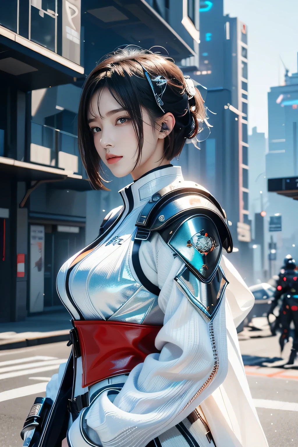 Arte del juego，mejor calidad de imagen，resolución más alta，8k，((Foto del busto))，((retrato))，(Regla de los tercios)，Comportamiento de renderizado de Unreal Engine 5， (chica futura)，(mujer guerrera)，chica de 22 años，(hombre blanco de pelo corto)，(Ojos hermosos con atención al detalle.)，(pechos grandes)，Elegante y atractivo，sonrisa，(fruncir el ceño)，(Disfraces futuristas de ciencia ficción.，suéter，patrón delicado，joyas brillantes，armadura，Blanco y rojo)，Cyberpunk characters，estilo futurista， Pose de foto，Fondo de la calle，iluminación de película，trazado de rayos，juego cg，((Motor irreal 3D))，Patrón de reflexión de renderizado OC