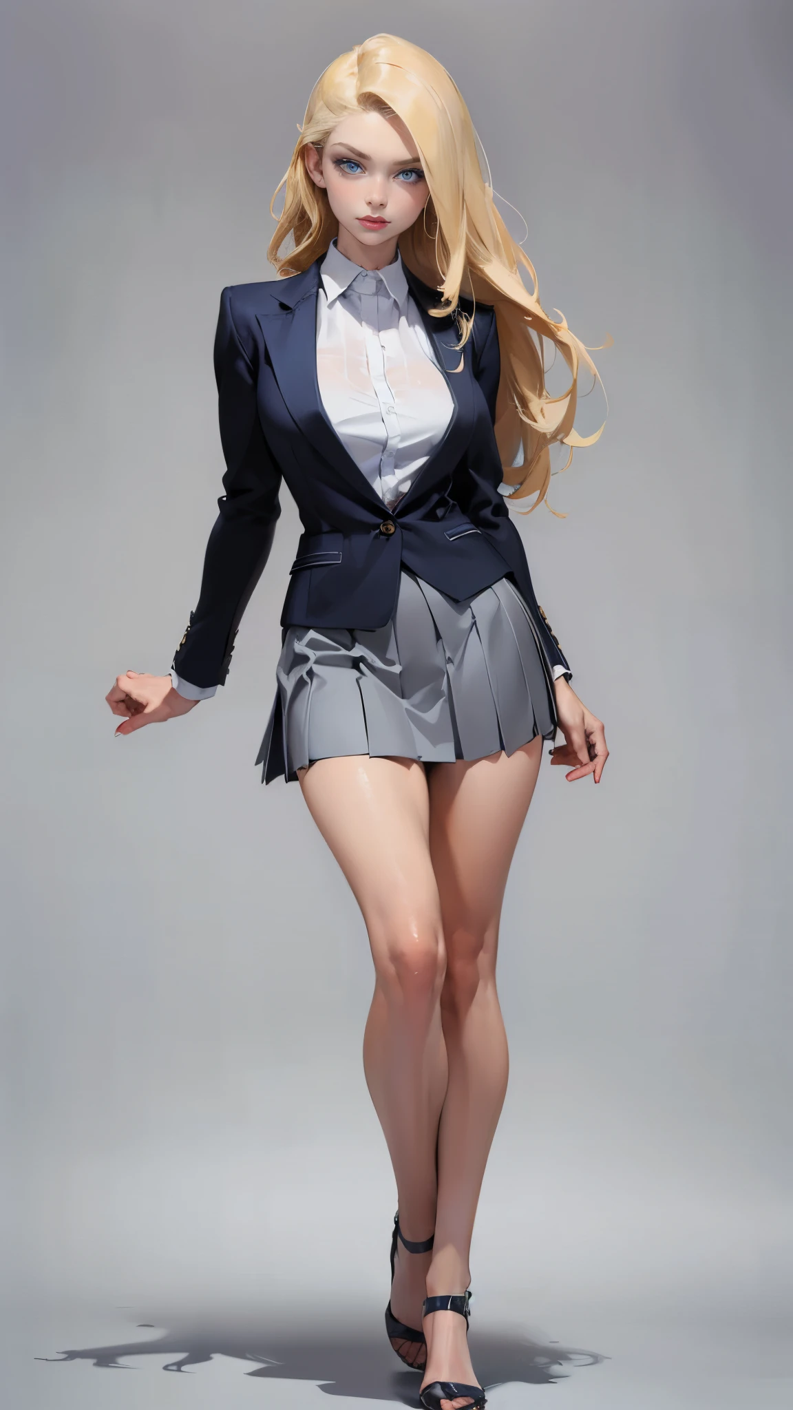 ((masterpiece,best quality,8k,highres)),((character concept art)), 1 female, young female, Instagram model, fashion model, 1, (long curvy blond hair), Blonde hair, (fair skin colour), ultra finely detailed eyes (blue eyes colour), sexy, elegance, charming, smart, calm, perfect body build ((slim)), ((intricate detail)), super finely detailed hands, ultra finely detailed fingers(((ten fingers))), wearing school blazer white shirt and gray pleated short school skirt (standing still), (full body showcase), (show full body), (no logos on background), (no logo), ((plain background)), ((plain background)), (((empty background)))