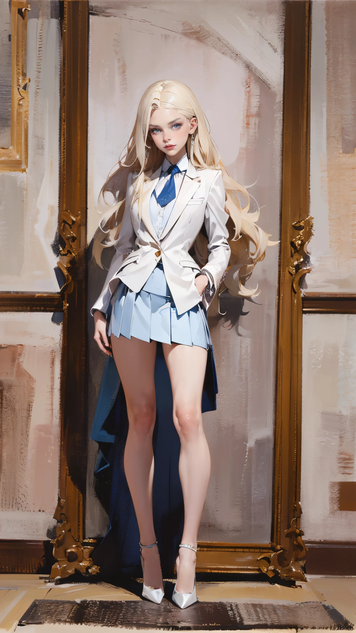 ((masterpiece,best quality,8k,highres)),((character concept art)), 1 female, young adult female, Anastasia Volkova, 18 years old, 175cm, (long, platinum blonde hair), platinum blonde hair, (fair skin colour), ultra finely detailed eyes (blue eyes colour), dazzling, graceful, confident, perfect body build ((slim)), ((intricate detail)), super finely detailed hands, ultra finely detailed fingers(((ten fingers))), wearing pink blazer jacket white shirt and white pencil pleated skirt, (standing with grace), ((full body showcase)), (show full body), (no logos on background), (no logo), ((plain background)), ((plain background)), (((empty background)))