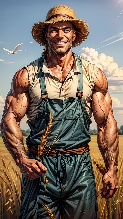 A muscular men in farmer's clothes smiling holding grain of wheat