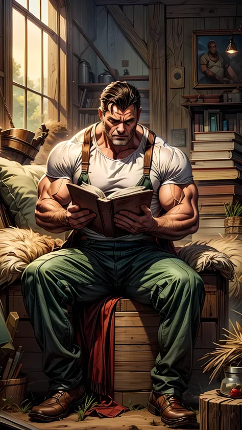 A muscular men in farmer's clothes sitting reading a book