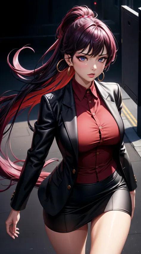 (best quality:1.5, highres, UHD, 4K, detailed lighting, shaders), black floral haired, gradient hair, large breasts, suit, red s...