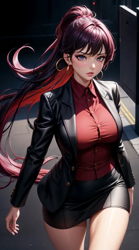 (best quality:1.5, highres, uhd, 4k, detailed lighting, shaders), black floral haired, gradient hair, large breasts, suit, red s...