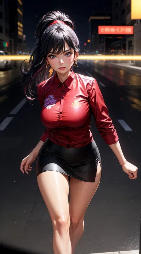 (best quality:1.5, highres, uhd, 4k, detailed lighting, shaders), black floral haired, gradient hair, large breasts, suit, red s...