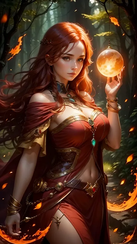 a beautiful red-haired magical woman with brown eyes holding an orb in her hand