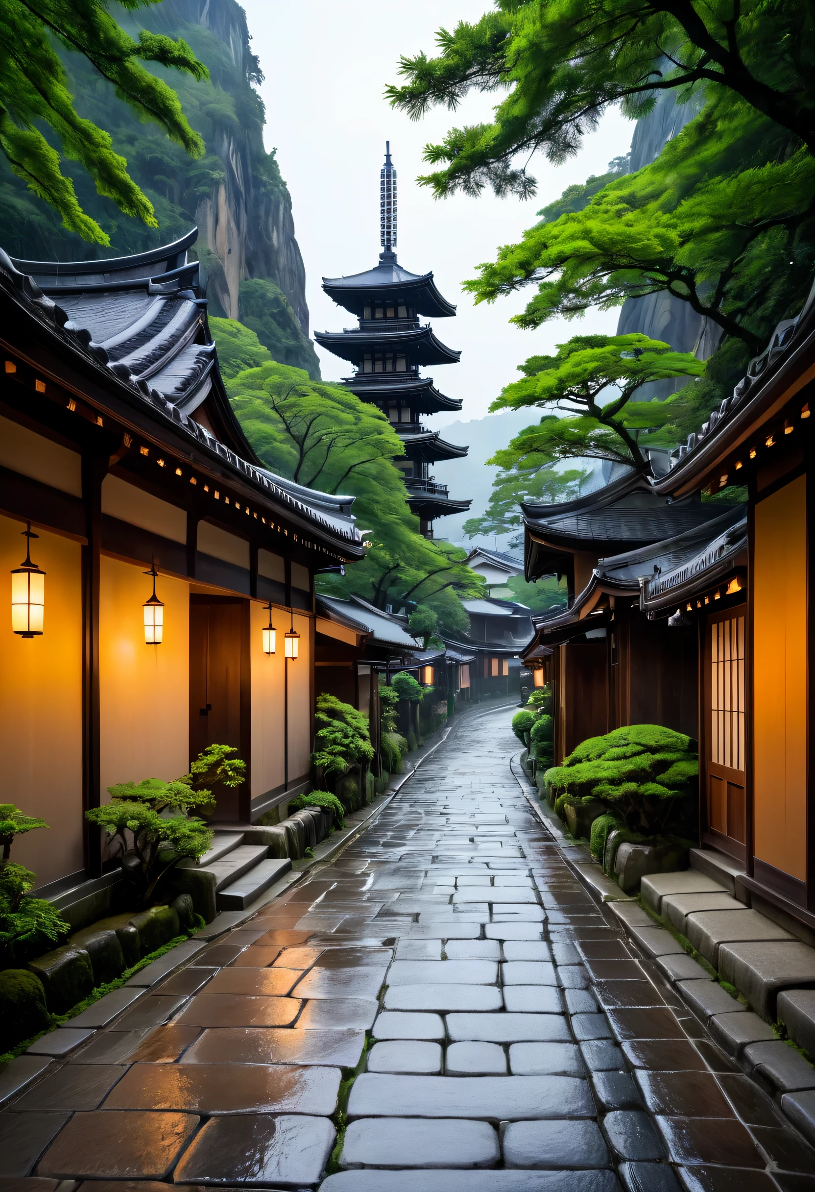 a narrow street in kyoto, japan, zhangjiajie in early morning, houzz, in front of a temple, trending on pixv, lush nature, ominous beautiful mood, driveway, interlacing paths, Hungry Ghost Festival, paved, calming, unreal 4 screenshot, flagstones, at a city street, full width