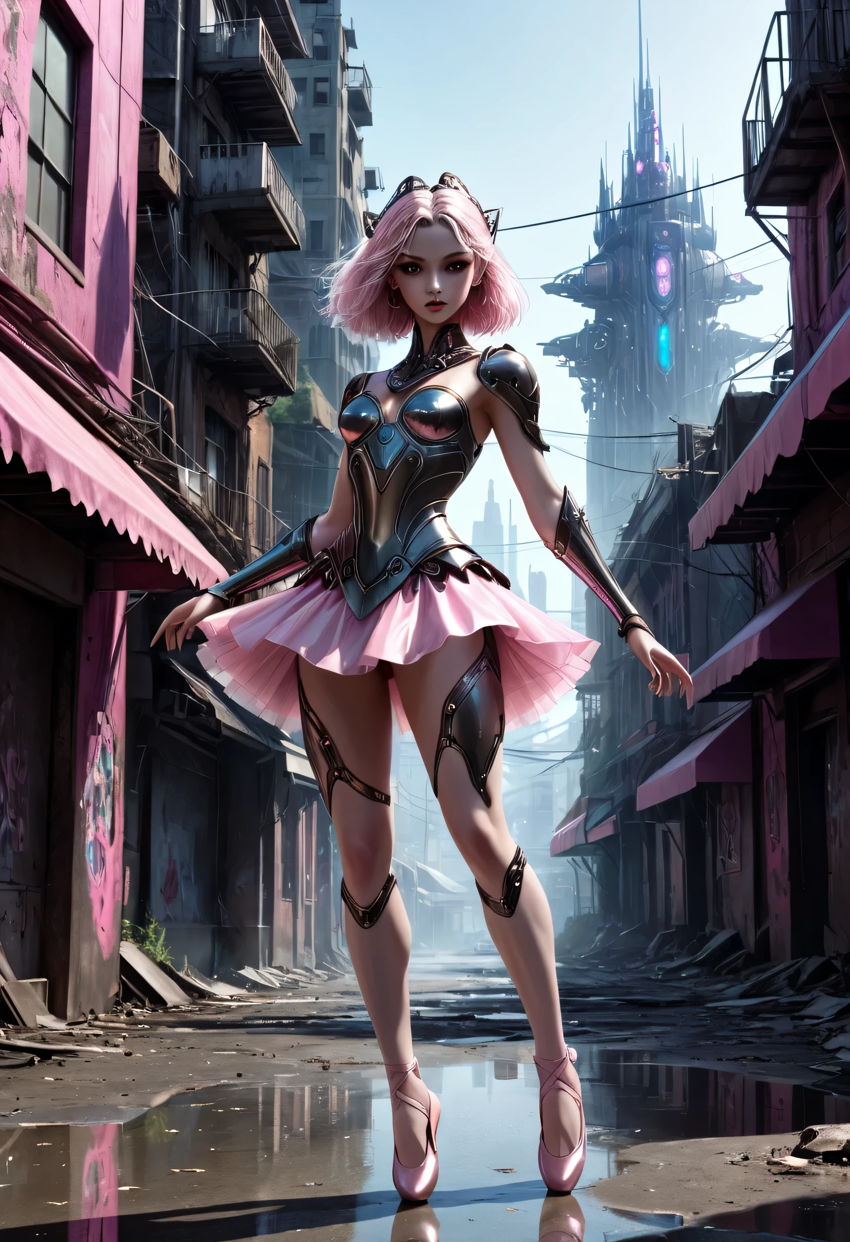 high quality, 8k, high quality shadows, high quality reflections, burnished metals, extremely intricate, cybernetic/flesh golem, hunting, abandoned city, (no_humans:1.3), pink ballerina outfit