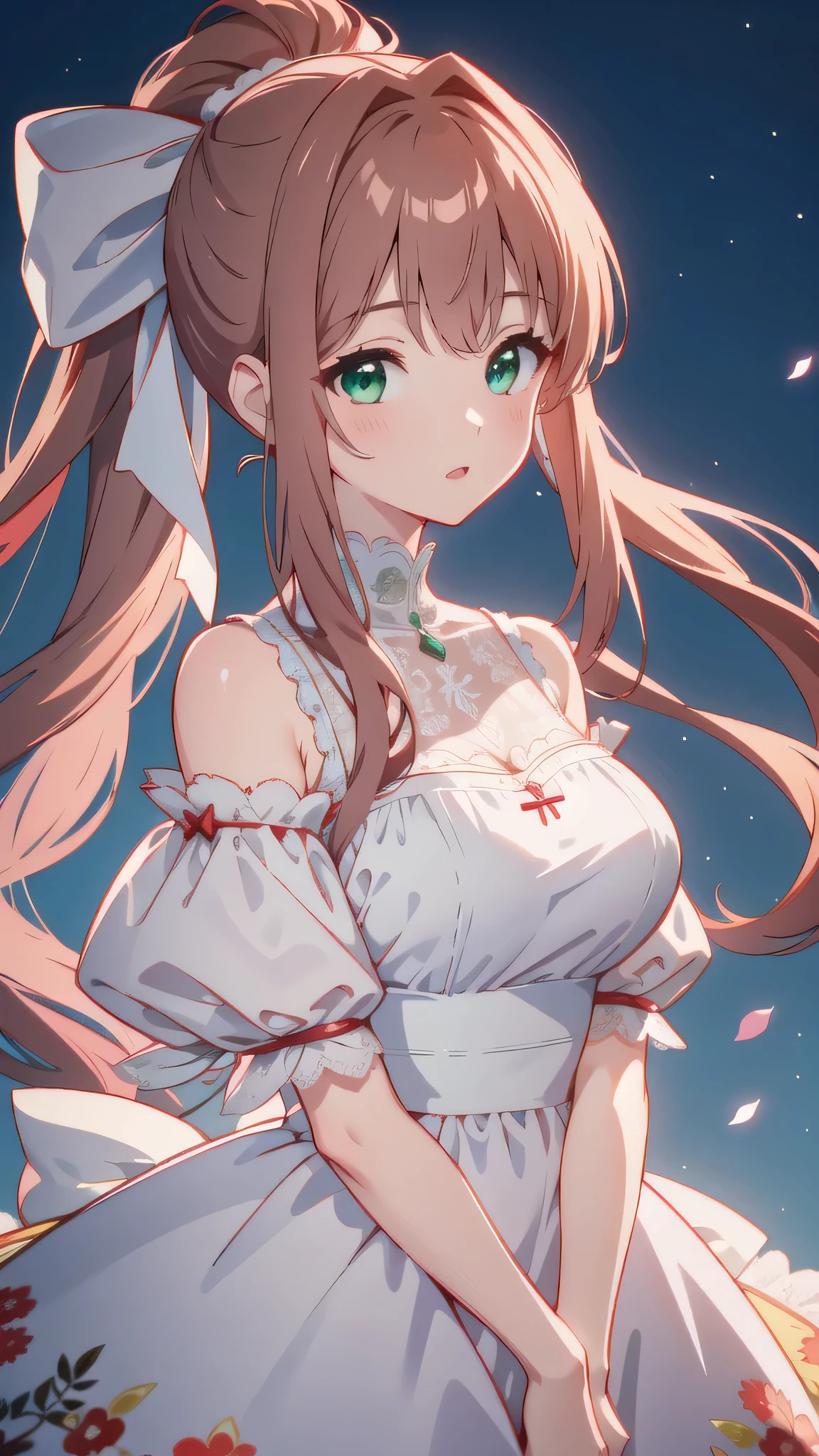 an ultra detailed illustration of Monika from Doki Doki standing with a nervous smile. She has long coral brown hair that she keeps in a ponytail, emerald green eyes, and a white bow on her head. She wears the standard  with a beautiful lace, which consists of grey, white, red and blue. The background should be a detailed classroom. The illustration style is Visual Novel style, reminiscent of highres anime style, with soft, natural lighting highlighting the textures of her skin and the embroidery of her clothing. The overall mood is relaxed.