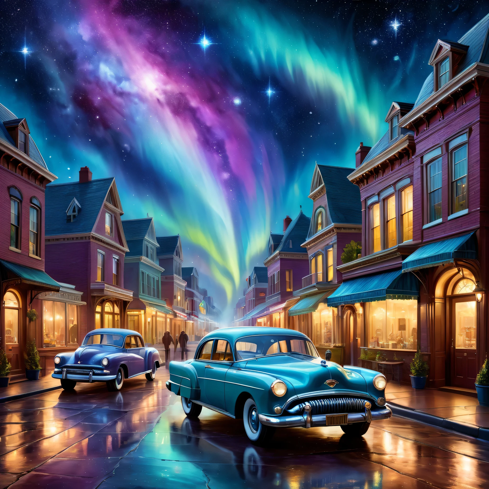 A surreal merger of 19th-century Victorian life and interstellar space, an oil painting capturing the romance of gas-lit streets and classic cars in the foreground, with an impossible backdrop of a cosmic sky filled with stars, galaxies, and auroras, in the artistic style of Rutkowski with a touch of fantasy vivid colors, shot using a medium telephoto lens for depth, and enriched with ambient light to evoke a sense of wonder, rendered at 64K for gallery-grade clarity