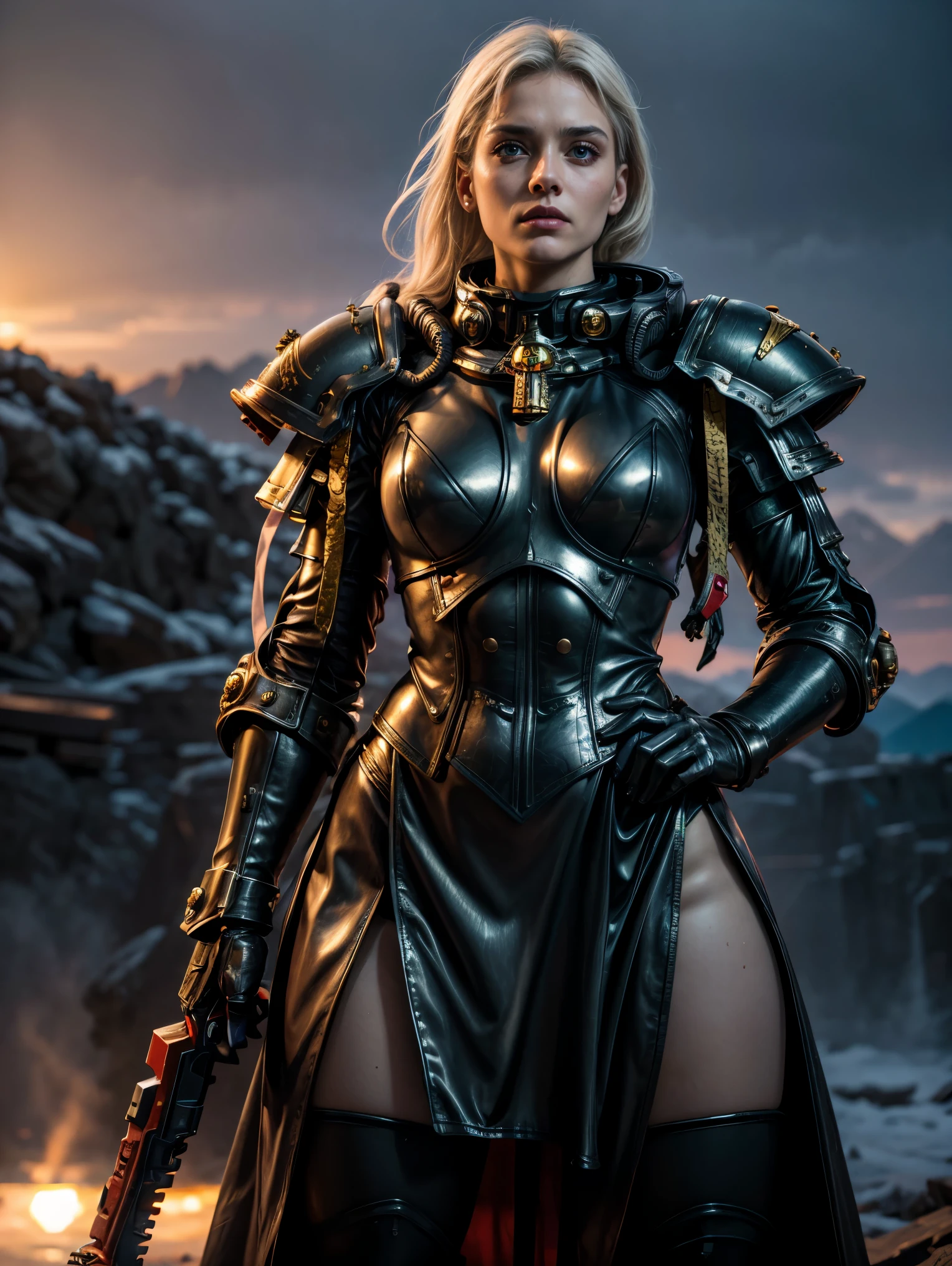 (​masterpiece), (top-quality), sunset, natural lights, ,(realistic:1.5), stunningly beaufiulf girl as a sisters of battle, warhammer 40k, bulky futuristic armour, space marine, (adepta sororitas:1.2) (complet scenario), eyebrow piercing, hazel eyes, blonde hair, punk hair, tanned, dark skin, precise hands, confident look、determined expression, futuristic, sci-fi,, dynamic pose, Clear eyes, Shining eyes,, ultra-definition, Top resolution, soft lightning, penis_under_skirt